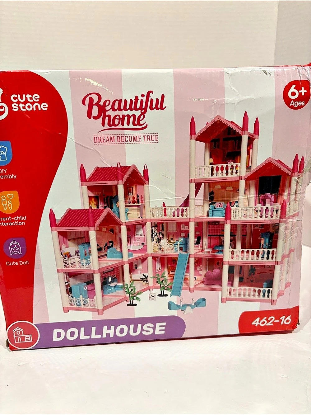 Cute Stone Beautiful Home Dollhouse 462-16 Pink & White Dollhouse New